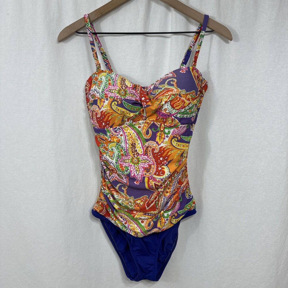 Chaps Paisley Colorful Ruched Swimsuit Womens Size 8 Beach Resortwear Cruise